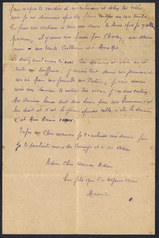 Lettre de Maurice Robbe à sa mère le jour de son exécution