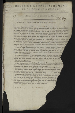 Répertoire des formalités hypothécaires, du 6 frimaire an IX au 9 pluviôse an IX, volume 29 (Conservation des hypothèques d'Amiens)