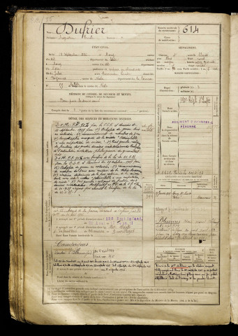 Dufrier, Augustin Emile, né le 13 septembre 1885 à Mouy (Oise), classe 1905, matricule n° 614, Bureau de recrutement de Péronne