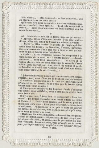 Image pieuse dentelle. Allégorie de la vanité. Rêves de jeunesse et puis après…