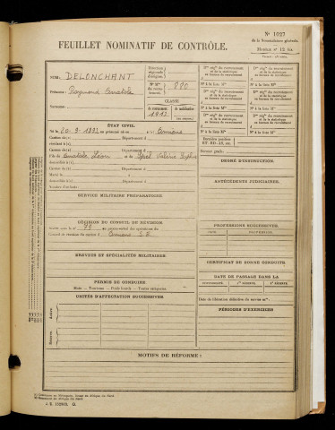 Delonchant, Raymond Anatole, né le 20 septembre 1893 à Amiens (Somme), classe 1913, matricule n° 880, Bureau de recrutement d'Amiens