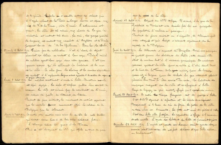 Chronique de la Grande Guerre à Lille rapportée par deux jeunes civiles, Irma et Louise Bornay. Cahier n° I du 1er juillet 1914 au 9 mai 1915