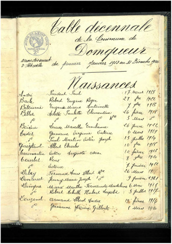 Domqueur : tables décennales des naissances, mariages et décès (1913-1922)