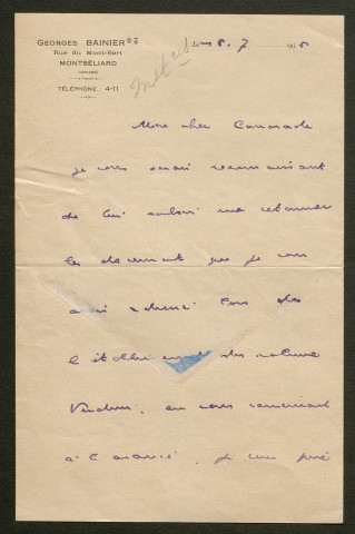 Témoignage de Bainier, Georges (Sous-lieutenant) et correspondance avec Jacques Péricard