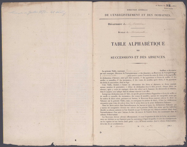 Table des successions et absences du bureau de Bernaville