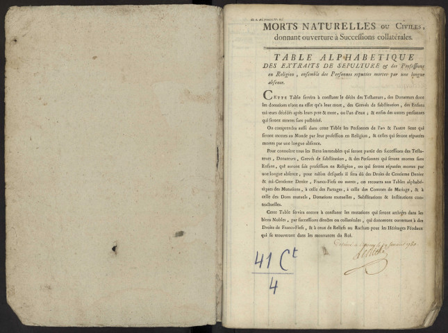 Table du bureau d'Airaines pour la période 1780-1792. Décès et extraits des sépulture