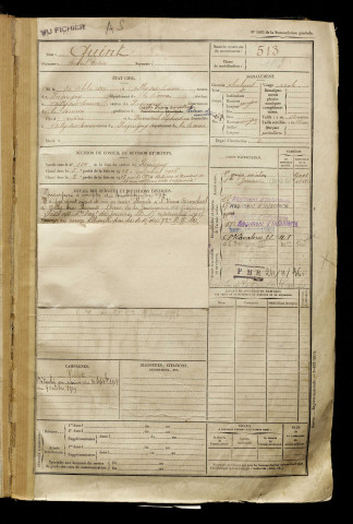 Quint, Marcel Arsène, né le 30 octobre 1897 à Ailly-sur-Somme (Somme), classe 1917, matricule n° 513, Bureau de recrutement d'Amiens