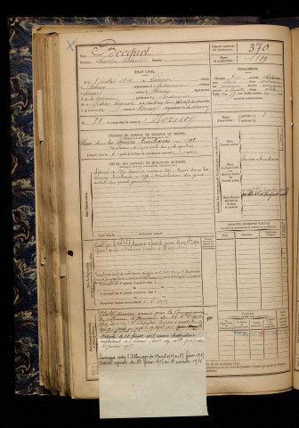 Becquet, Charles Robert, né le 08 juillet 1869 à Liomer (Somme), classe 1889, matricule n° 370, Bureau de recrutement d'Amiens