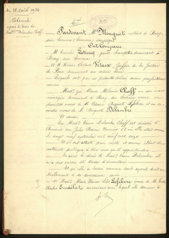 Bray-sur-Somme. Demande d'indemnisation des dommages de guerre : dossier Choff-Lefebvre