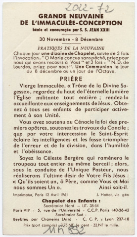 Grande neuvaine de l'Immaculée Conception bénie et encouragée par S. S. Jean XXIIII
