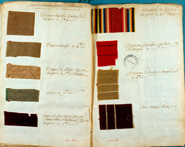 Echantillons de textile de la manufacture d'Abbeville annexés à un mémoire : droguet, calamande, baracan