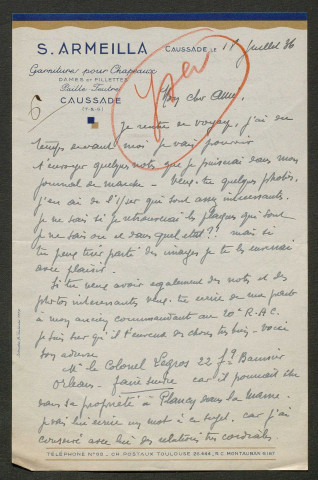 Témoignage de Armeilla, Charles Albert (Lieutenant) et correspondance avec Jacques Péricard