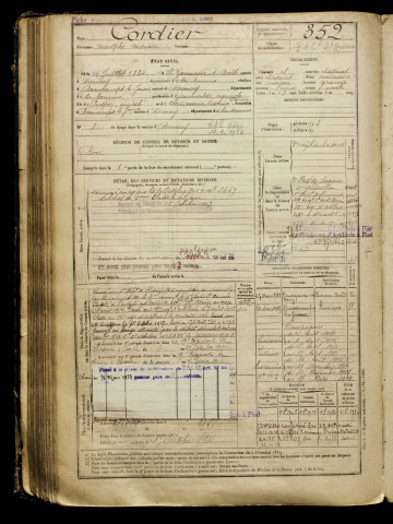 Cordier, Adolphe Adrien, né le 15 juillet 1884 à Saint-Germain-sur-Bresle (Somme), classe 1904, matricule n° 352, Bureau de recrutement d'Amiens