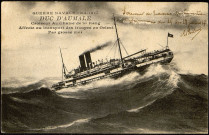 Carte postale intitulée "Guerre navale 1914-1917. Duc d'Aumale, croiseur auxiliaire de premier rang affecté au transport des troups d'Orient par grosse mer". Correspondance de Raymond Paillart à ses parents