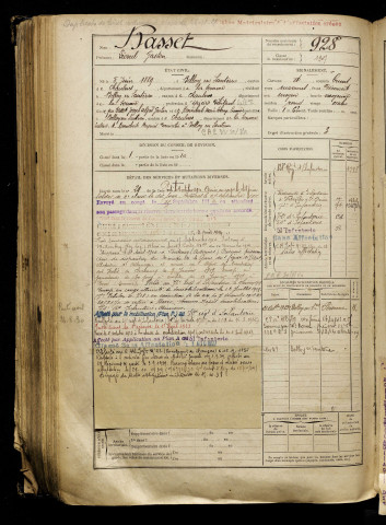 Basset, Léonel Gaston, né le 05 juin 1889 à Belloy-en-Santerre (Somme), classe 1909, matricule n° 928, Bureau de recrutement de Péronne
