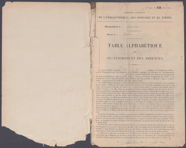 Table des successions et absences du bureau de Rosières-en-Santerre