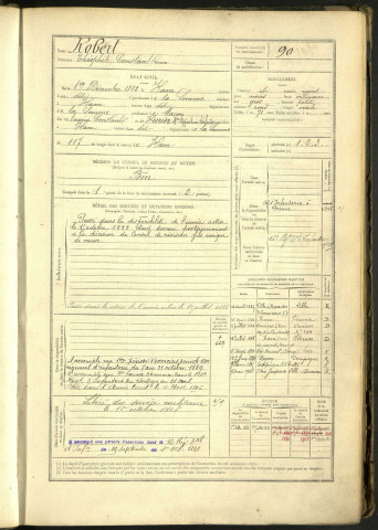 Robert, Théophile Constant, né le 1 décembre 1862 à Ham (Somme, France), classe 1882, matricule n° 90, Bureau de recrutement de Péronne