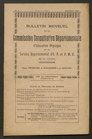 Bulletin mensuel de la Commission Consultative d'Education Physique et du Service Départemental d'Education Physique et Préparation Militaire Elémentaire de la Somme, numéro 1 (3e année)