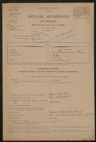 Cléry-sur-Somme. Demande d'indemnisation des dommages de guerre : dossier Castel (du)