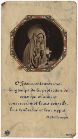 La Vierge Marie devant l'eucharistie. Souvenir de première communion faite en l'église de Rivery le 1er juin 1941