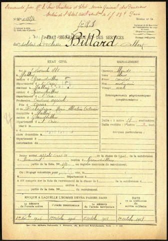 Billard, Albert, né le 05 novembre 1882 à Halloy (Oise), classe 1902, matricule n° 352, Bureau de recrutement de Beauvais