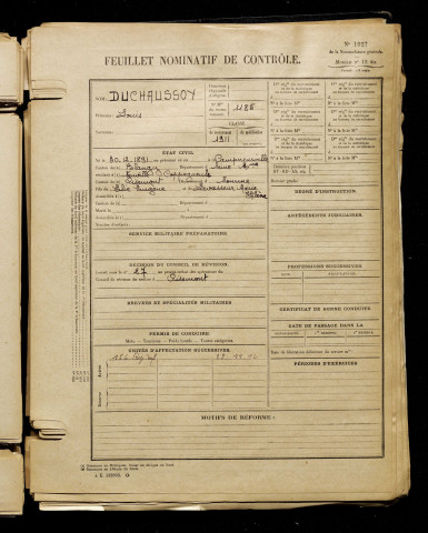 Duchaussoy, Louis, né le 30 décembre 1891 à Campneuseville (Seine-Maritime), classe 1911, matricule n° 1185, Bureau de recrutement d'Amiens