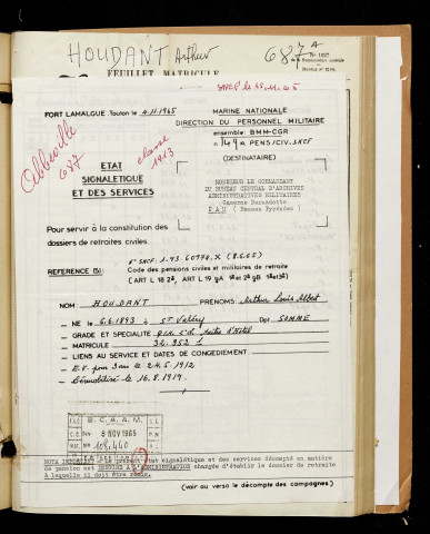 Houdant, Arthur Louis Albert, né le 06 juin 1893 à Saint-Valery-sur-Somme (Somme), classe 1913, matricule n° 687, Bureau de recrutement d'Abbeville