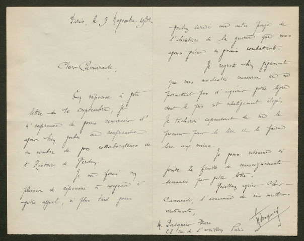Témoignage de Pasquier, Marc et correspondance avec Jacques Péricard