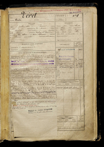 Véret, André, né le 05 juillet 1889 à Péronne (Somme), classe 1909, matricule n° 475, Bureau de recrutement de Péronne
