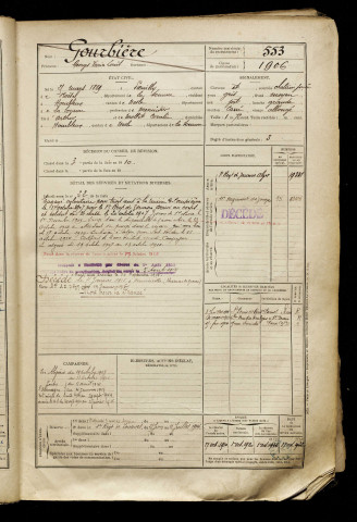 Gourbière, Georges Varia Louis, né le 25 mars 1889 à Poeuilly (Somme), classe 1909, matricule n° 553, Bureau de recrutement de Péronne