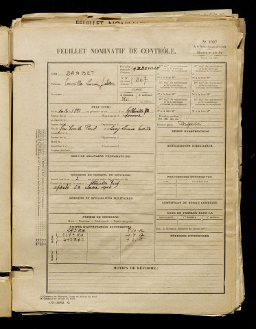 Barbet, Camille Lucien Julien, né le 10 février 1891 à Abbeville (Somme), classe 1911, matricule n° 367, Bureau de recrutement d'Abbeville