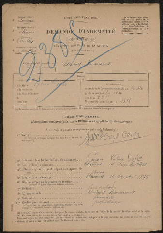 Etricourt-Manancourt. Demande d'indemnisation des dommages de guerre : dossier Caron-Crépel