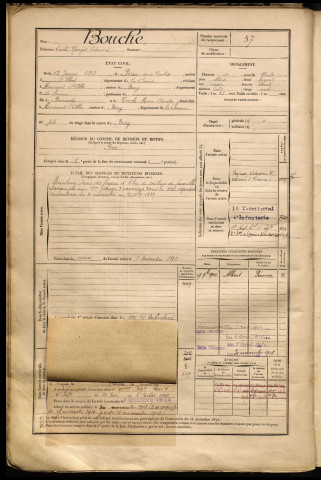 Bouche, Emile Georges Edmond, né le 12 janvier 1868 à Buire-sur-l'Ancre (Somme), classe 1888, matricule n° 37, Bureau de recrutement de Péronne