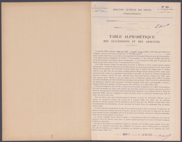 Table des successions et absences du bureau de Bray-sur-Somme