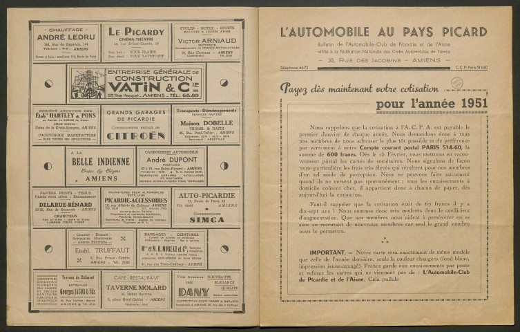 L'Automobile au Pays Picard. Revue officielle de l'Automobile-Club de Picardie et de l'Aisne, 365, janvier 1951