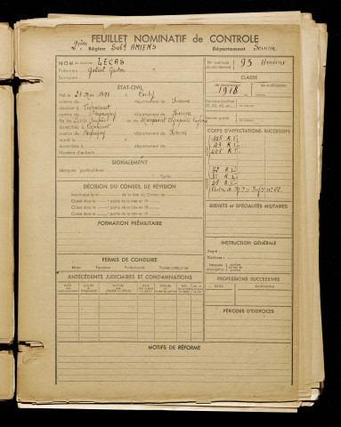 Lecas, Gabriel Gaston, né le 21 mai 1898 à Conty (Somme), classe 1918, matricule n° 93, Bureau de recrutement d'Amiens