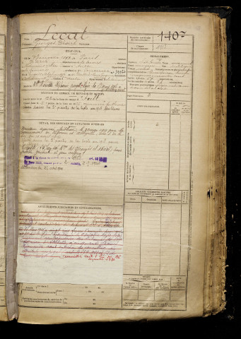 Lecat, Georges Désiré, né le 07 janvier 1897 à Paris 2e Arrondissement (Paris), classe 1917, matricule n° 1407, Bureau de recrutement d'Amiens