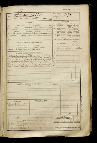 Fromentin, Marc Louis Désiré, né le 06 mai 1896 à Méneslies (Somme), classe 1916, matricule n° 1179, Bureau de recrutement d'Abbeville
