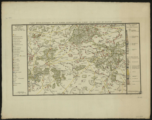 Carte Minéralogique de la partie occidentale du Valois et de l'Isle de France adjacente. Explication des signes Minéralogique contenus dans cette carte, ordre général des bancs pour la partie occidentale