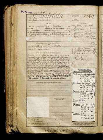 Chatelain, Julien Adolphe Maurice, né le 30 septembre 1899 à Doullens (Somme), classe 1919, matricule n° 1180, Bureau de recrutement d'Abbeville