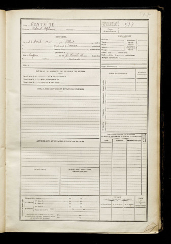 Fontaine, Roland Alphonse, né le 23 avril 1901 à Albert (Somme), classe 1921, matricule n° 577, Bureau de recrutement de Péronne