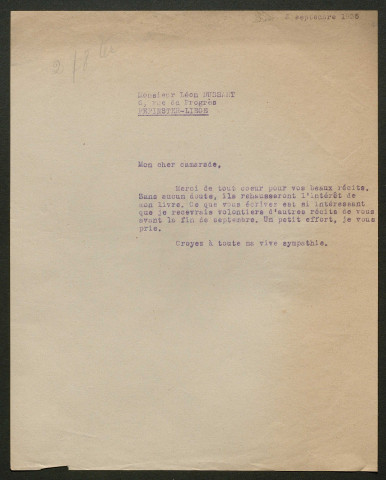 Témoignage de Dussart, Léon et correspondance avec Jacques Péricard