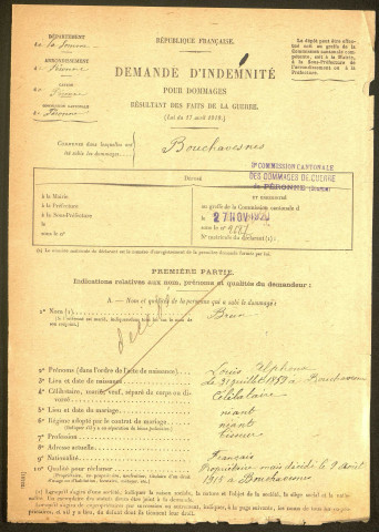 Bouchavesnes-Bergen. Demande d'indemnisation des dommages de guerre : dossier Brun Louis Alphonse