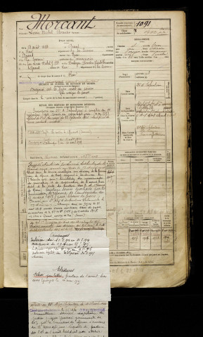 Morcant, Louis Michel Florentin, né le 18 août 1883 à Quend (Somme), classe 1903, matricule n° 1091, Bureau de recrutement d'Abbeville