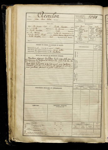 Acoulon, Julien Henri Robert, né le 19 janvier 1896 à Friville-Escarbotin (Somme), classe 1916, matricule n° 1098, Bureau de recrutement d'Abbeville