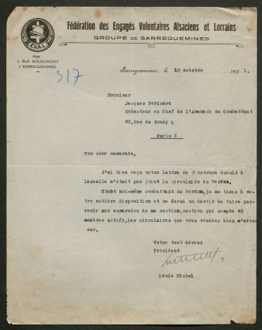 Témoignage de Michel, Louis (Fédération des Engagés Volontaires Alsaciens et Lorrains - Président du groupe de Sarreguemines) et correspondance avec Jacques Péricard