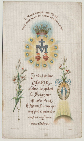 Je vous salue Marie pleine de grâces, le Seigneur est avec vous. Omarie, heureux qui vous sert et qui met en vous sa confiance. Prière à la Vierge et le coeur immaculé de Marie ainsi que la médaille miraculeuse