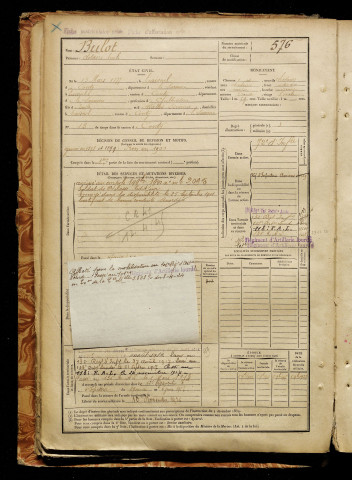 Bulot, Clotaire Emile, né le 15 mars 1877 à Taisnil (Somme), classe 1897, matricule n° 576, Bureau de recrutement d'Amiens