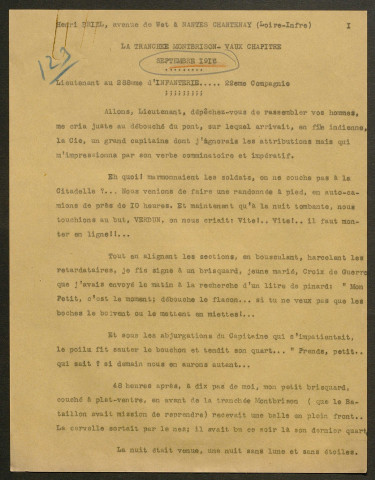 Témoignage de Briel, Henri (Lieutenant) et correspondance avec Jacques Péricard