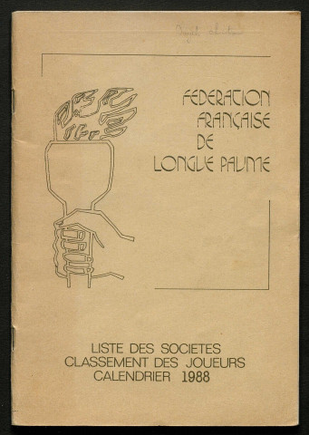 Opuscule (année 1988). Fédération française de Longue Paume : liste des sociétés, classement des joueurs et calendrier